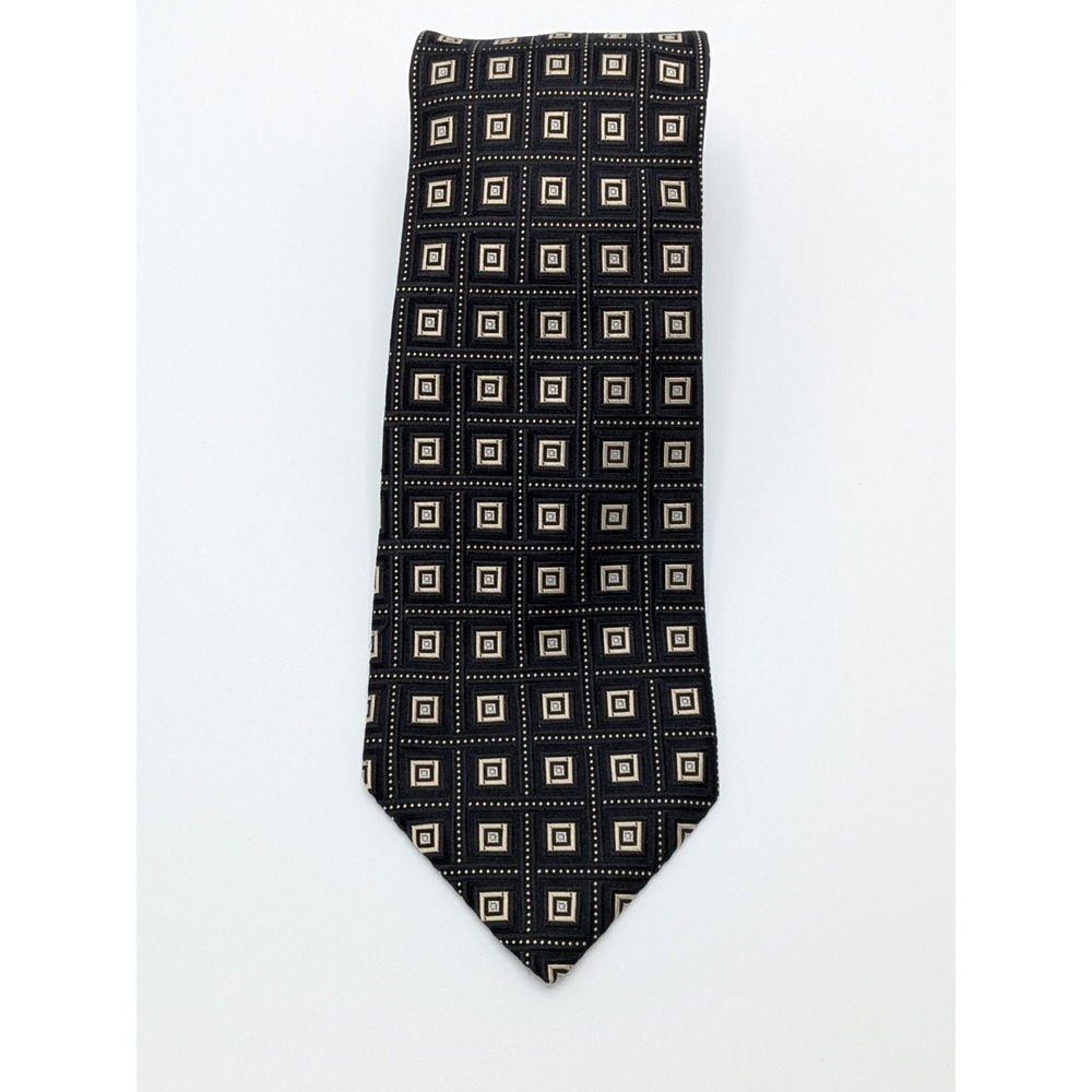 IKE BEHAR Necktie‎ Gold/Black Geometric Tie 100% Silk USA Made 62"